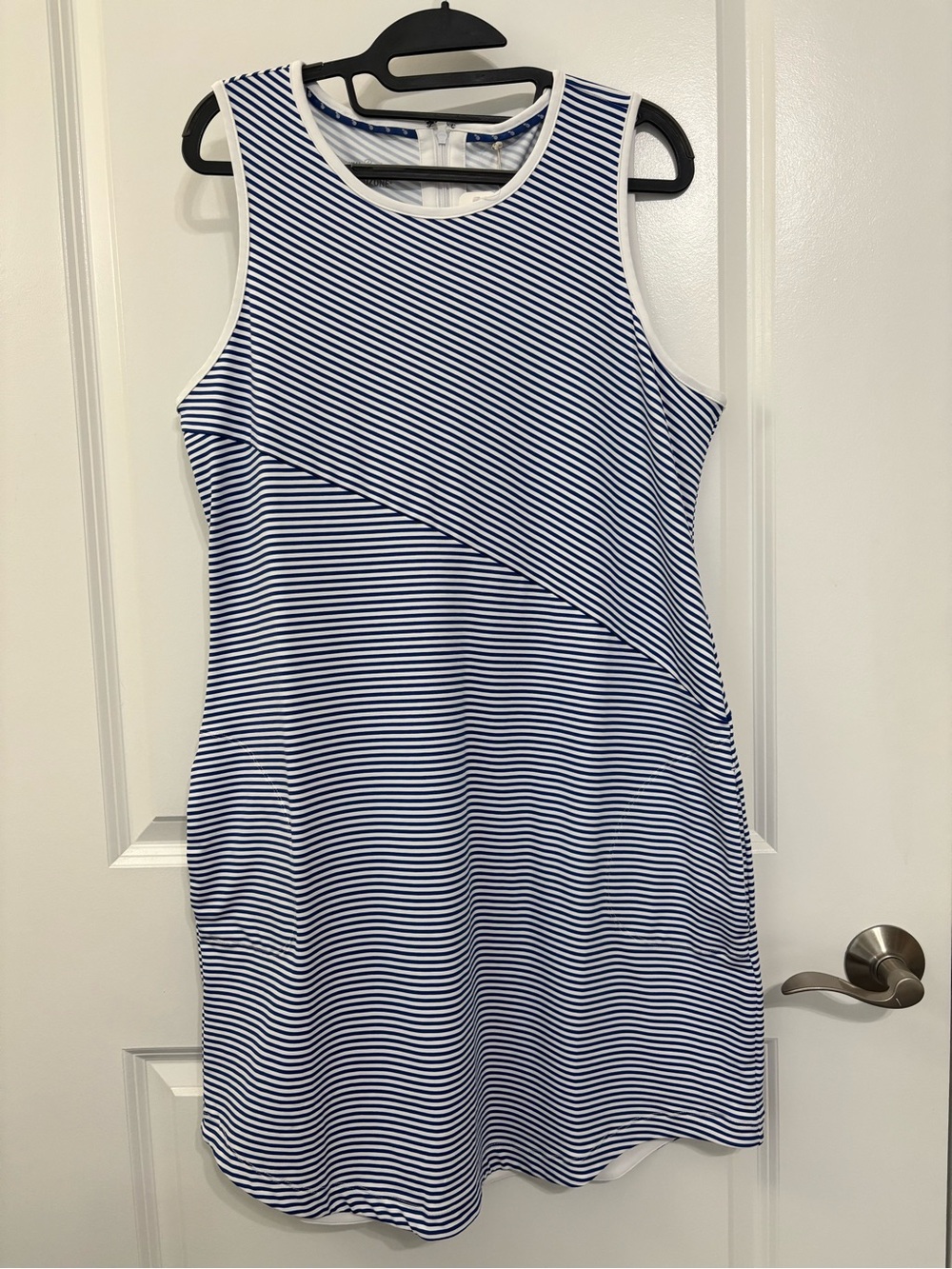 Tommy Bahama Navy and White Striped Sleeveless Shift Dress, size large